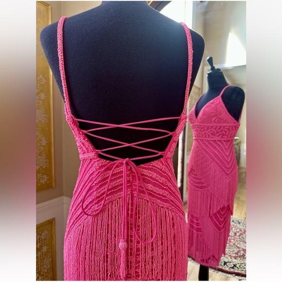 Splendid V-neckline Frilled Bodycon Tea-length Dress by Jovani Hot Pink Size 6 - Picture 14 of 15